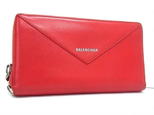 1円 ■美品■ BALENCIAGA バレンシアガ 381226 ペーパー コンチネンタル レザー ラウンドファスナー 長財布 ウォレット レッド系 BK1686_画像1