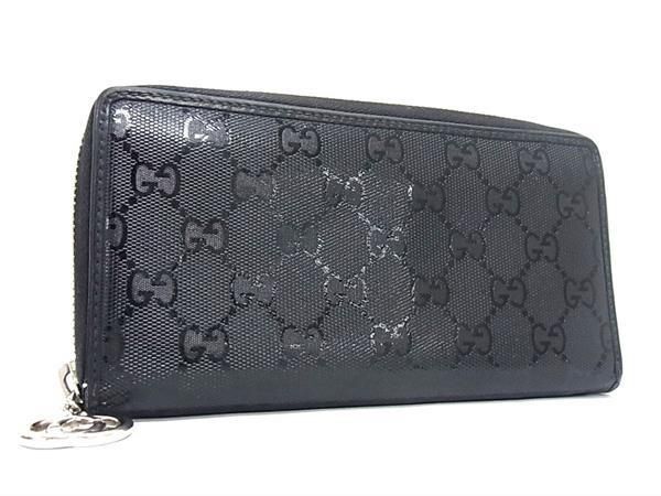 1 иен GUCCI Gucci 307982 GG Imp limePVC раунд застежка-молния длинный кошелек бумажник мужской женский оттенок черного AY3149