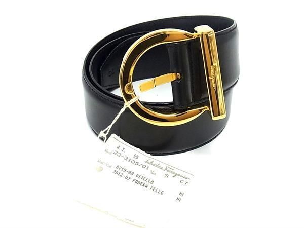 1円 ■極美品■ Salvatore Ferragamo フェラガモ 3105 ガンチーニ レザー ゴールド金具 ベルト 表記サイズ 70 ブラック系 AY3161_画像1