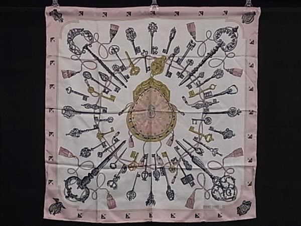 1円 ■美品■ HERMES エルメス LES CLES【鍵柄】カレ90 シルク100% 大判 スカーフ ストール ショール レディース ピンク系 BG8658_画像1