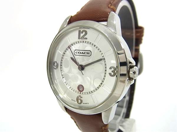 1 jpy # operation goods # beautiful goods # COACH Coach 0290.1 signature SS× leather quartz 3 atmospheric pressure waterproof wristwatch watch silver group CD1722