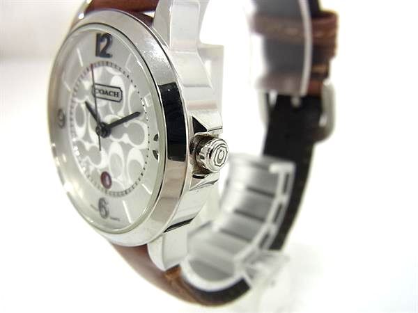 1 jpy # operation goods # beautiful goods # COACH Coach 0290.1 signature SS× leather quartz 3 atmospheric pressure waterproof wristwatch watch silver group CD1722