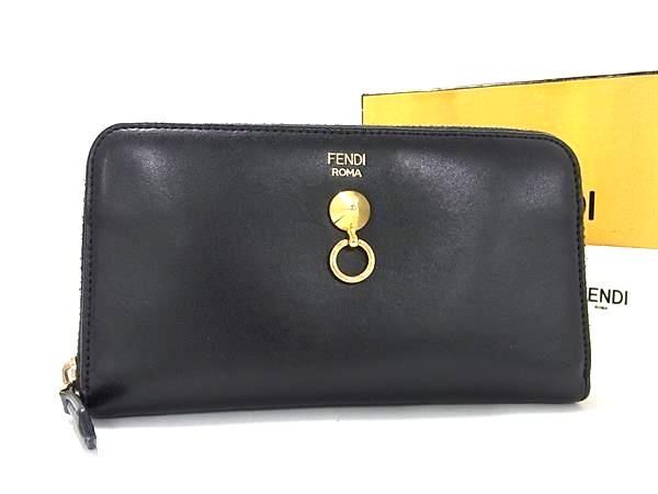 1円 ■美品■ FENDI フェンディ バイザウェイ レザー ラウンドファスナー 二つ折り 長財布 ウォレット 札入れ ブラック系 AY1094_画像1