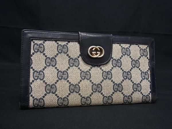 1円 GUCCI オールドグッチ ヴィンテージ インターロッキングＧ GG柄 PVC Wホック 二つ折り 長財布 ウォレット 小銭入れ ベージュ系 AW8136_画像1