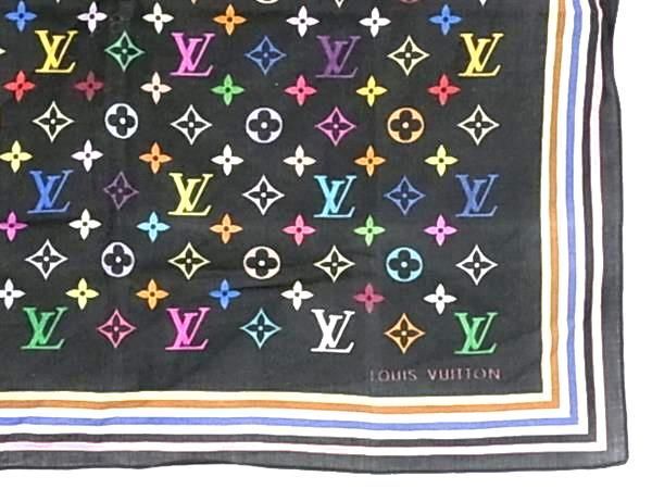 1円 LOUIS VUITTON ルイヴィトン モノグラムマルチカラー レインボー スカーフ ハンカチーフ ポケットチーフ ブラック系 AZ2937_画像3