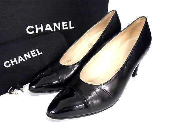 1円 CHANEL シャネル レザー パンプス ヒール 表記サイズ35 1/2(約22cm) 靴 シューズ ブラック系 AZ4348_画像1