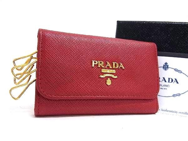 1円 PRADA プラダ 1PG222 サフィアーノレザー 6連 キーケース 鍵入れ レディース メンズ レッド系 AY4376_画像1