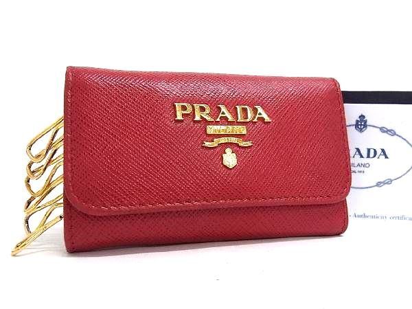 1円 PRADA プラダ 1PG222 サフィアーノレザー 6連 キーケース 鍵入れ レディース レッド系 AY4214_画像1