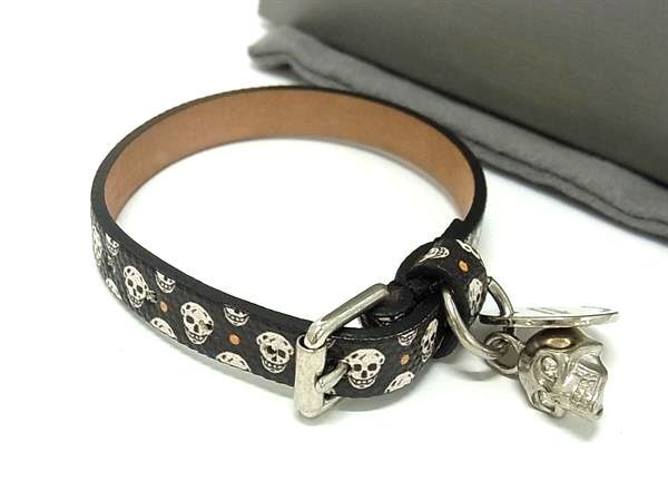 1円 ■美品■ ALEXANDER McQUEEN アレキサンダー マックイーン レザー スカル ドクロ ブレスレット アクセサリー ブラック系 AZ3500_画像1