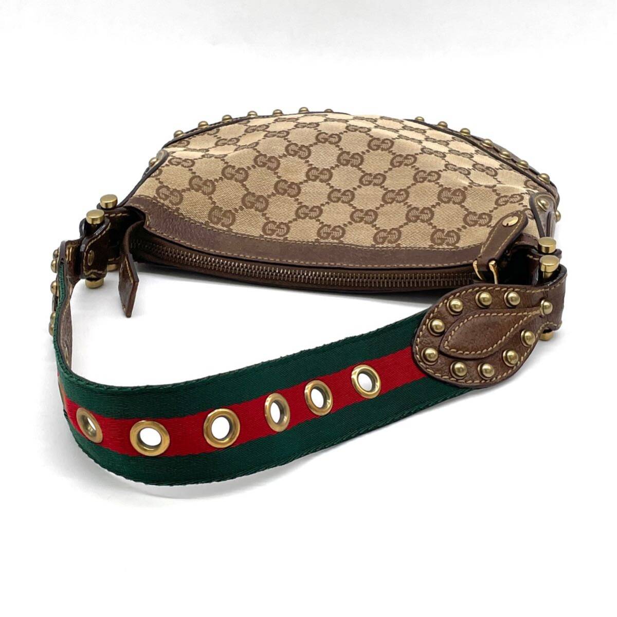 1円 美品 GUCCI グッチ GGキャンバス レザー ブラウン シェリーライン スタッズ ワンショルダー ハンドバッグ 144157_画像5