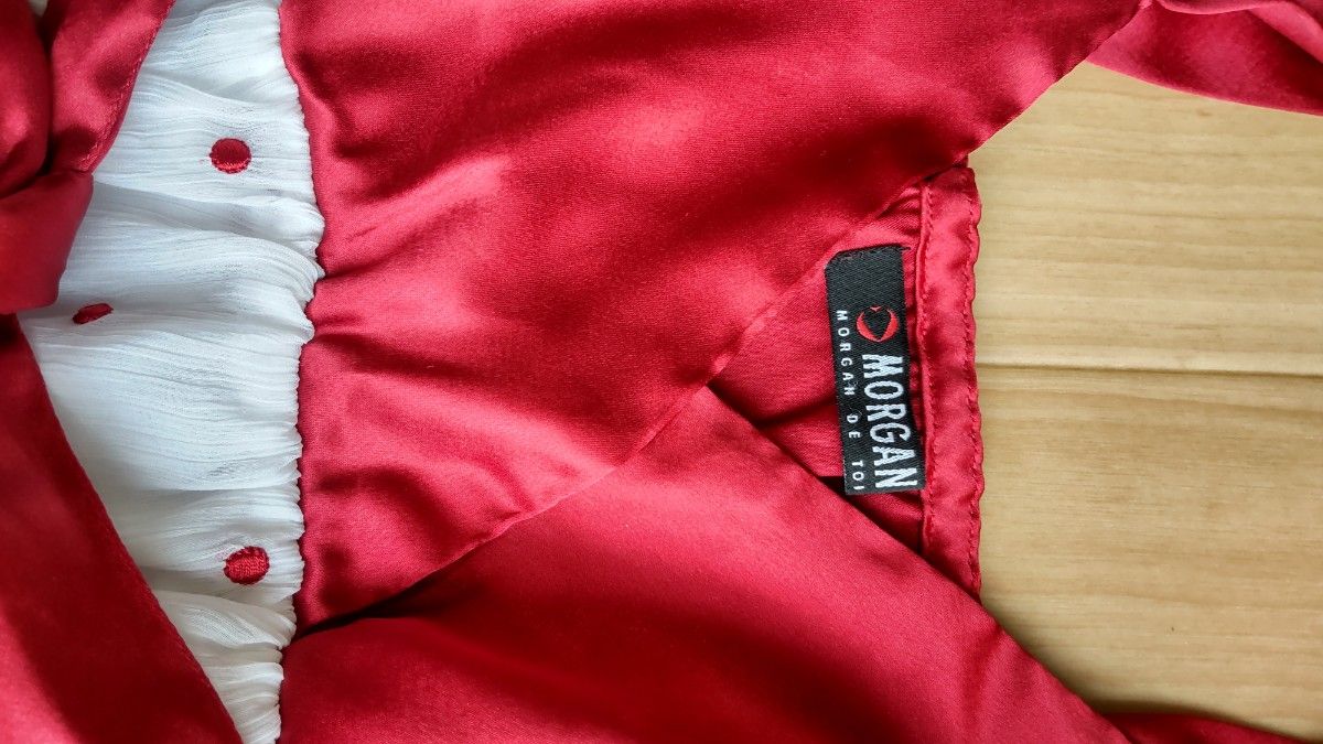 012:モルガン MORGAN リボン キャミ チュニック フレアー 赤×白 カシュクール 水玉 ドット 刺繍 サテン シフォン