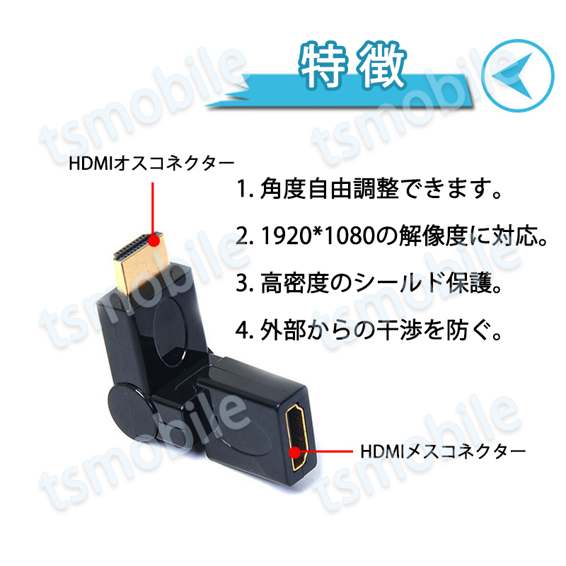 HDMI 360° 角度変換 アダプタ 向き自由調整 90°～270° 上曲げ 下曲げ コネクターオス⇔メス V1.4 1080P 標準HDMI HDMIケーブル整理_画像2