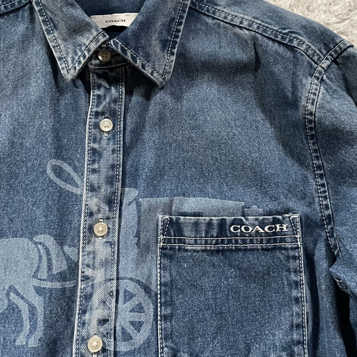 極美品/L相当●COACH コーチ デニム 長袖シャツ ウエスタン ジャケット ジージャン インディゴブルー 馬車ロゴ ホースロゴ 胸刺繍 春夏秋_画像3