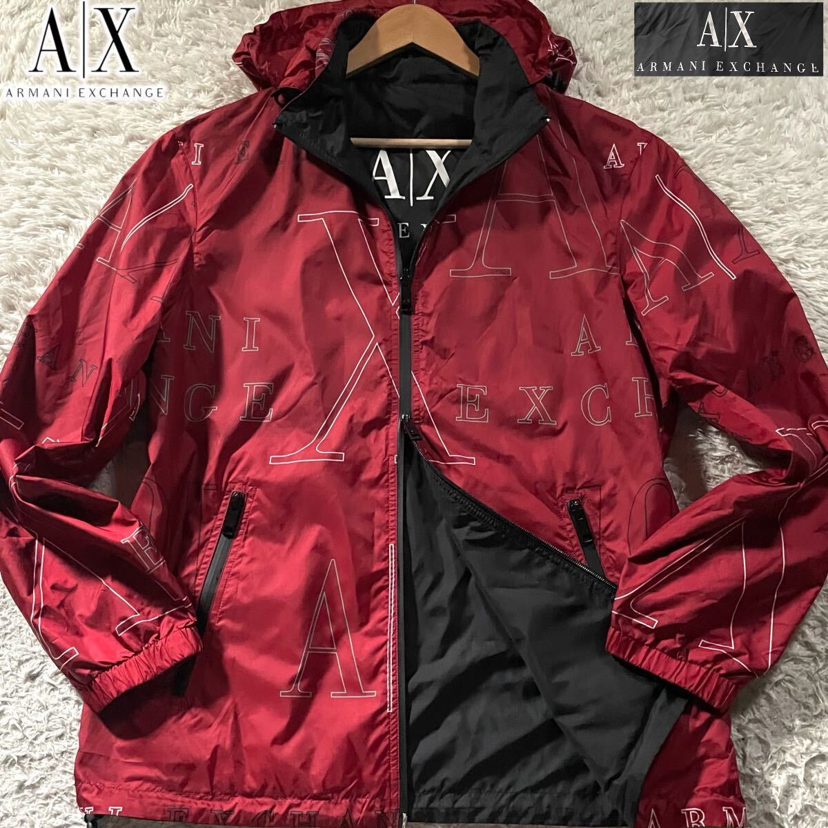 美品/L相当●アルマーニ エクスチェンジ 4way リバーシブル ナイロンパーカー フード収納式 ジャケット ARMANI EXCHANGE ロゴ総柄 背面ロゴの画像1