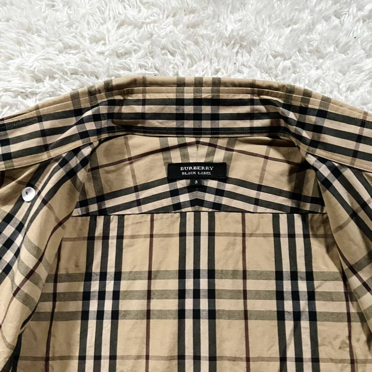  превосходный товар /L размер * Burberry Black Label рубашка с длинным рукавом кнопка BURBERRY BLACK LABEL. изначальный шланг Logo вышивка noba проверка общий рисунок бежевый 