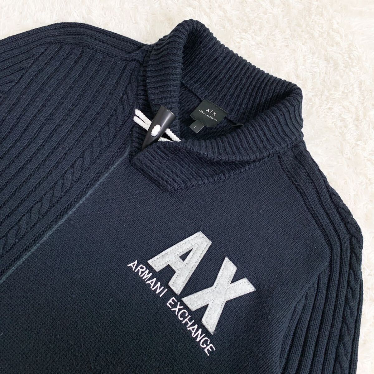 美品!!Lサイズ!!アルマーニエクスチェンジ ケーブルニット セーター トグルボタン 長袖 AX ロゴ ネイビー 紺 ARMANI EXCHANGE メンズ _画像2