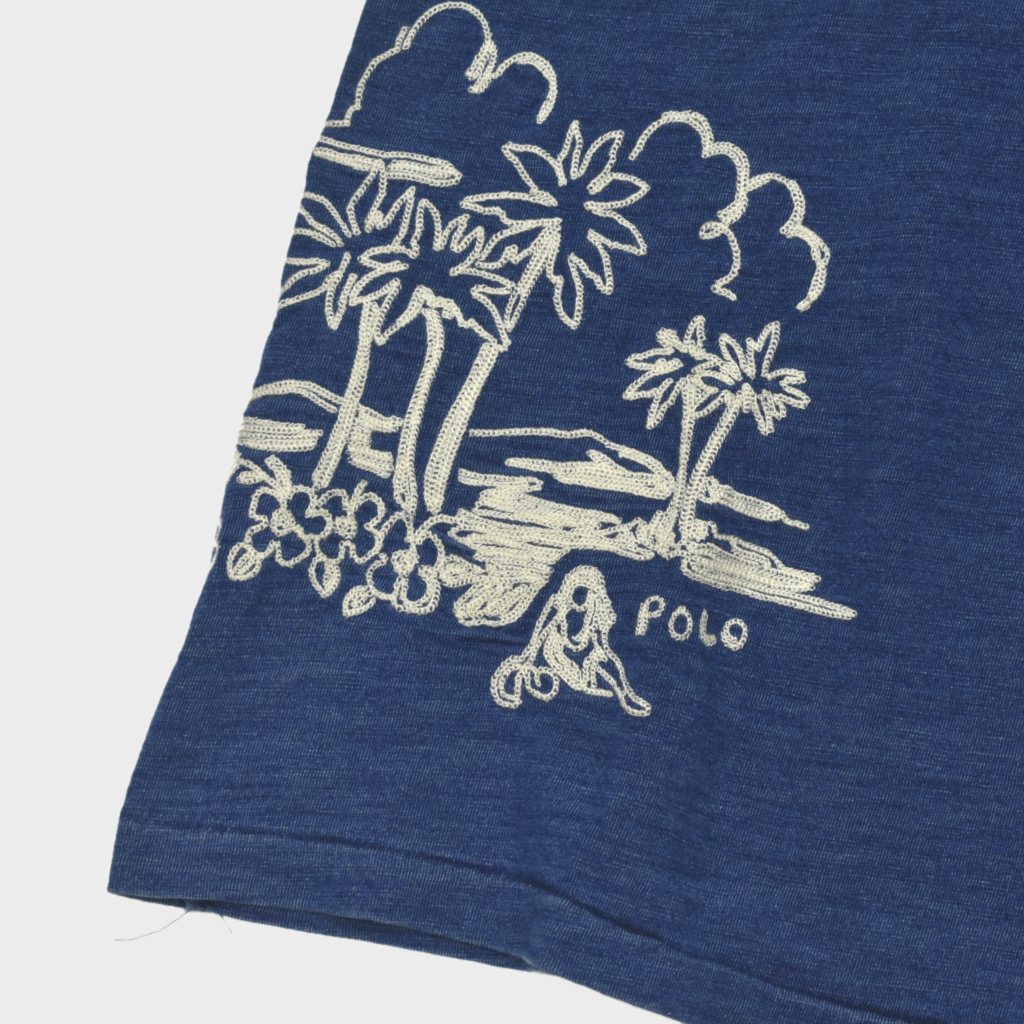 良品 POLO RALPH LAUREN ポロ ラルフローレン 藍 インディゴ コットン 刺繍 Tシャツ size.M アロハ ハワイアン RRL _画像4