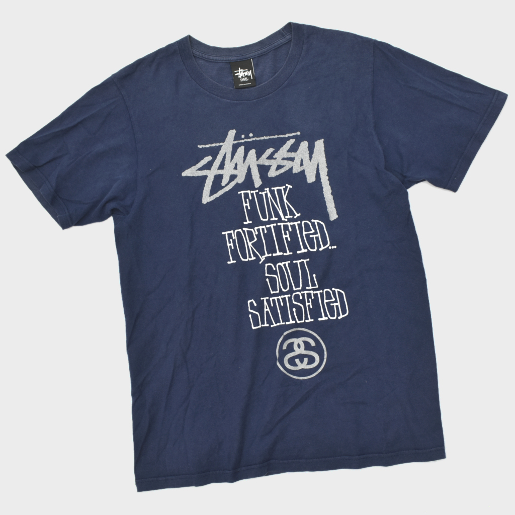 00s～ stussy ステューシー funk fortified... soul satisfied Tシャツ ネイビー size.S ストック リンク_画像1