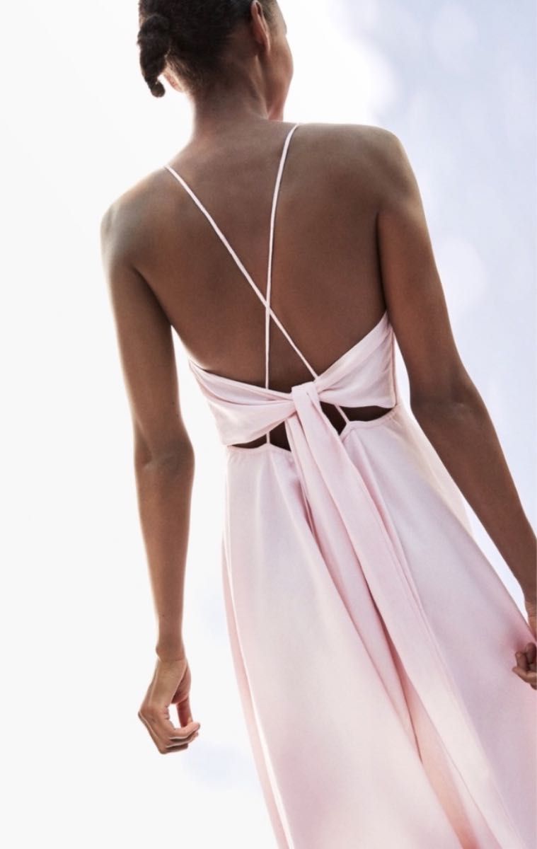 ピンク　ボリューム　キャミ　ワンピース　Zara  XS マクシ　オープンバック ドレス キャミソール