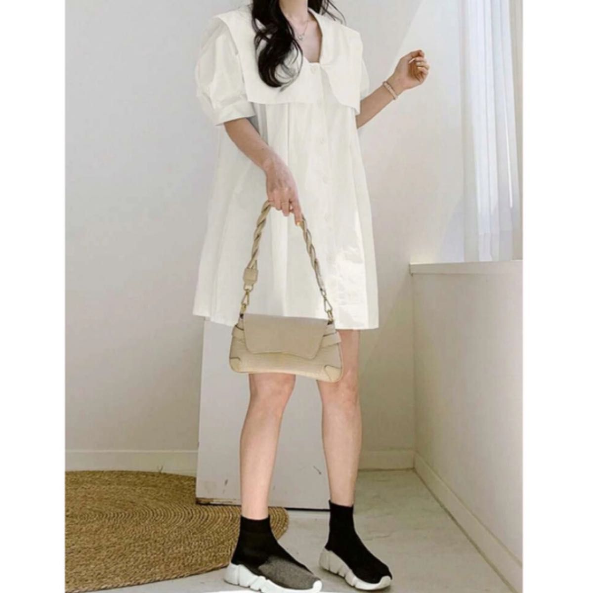 韓国服【即納】ホワイトシャツワンピース パフスリーブ ビッグカラー 大きな襟 インポート 韓国ファッション