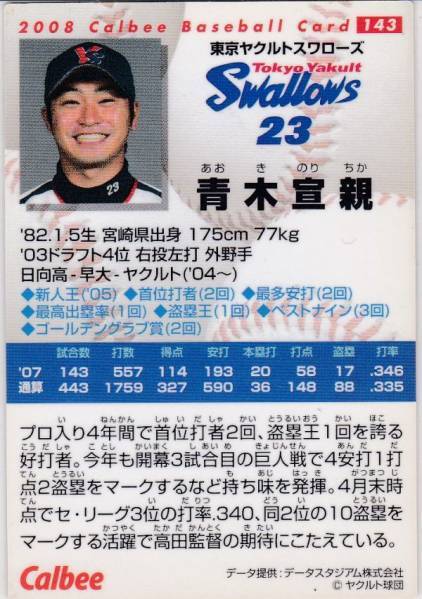 *2008 Calbee [ Aoki . parent ] BASEBALL CARD No.143: Yakult 