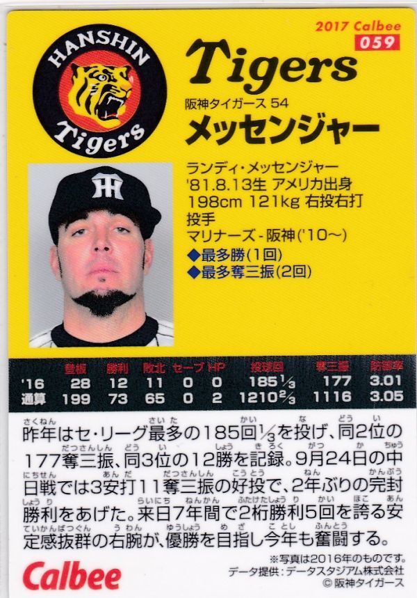 ●2017カルビー 【メッセンジャー】 BASEBALL CARD No.059:阪神 R_画像2