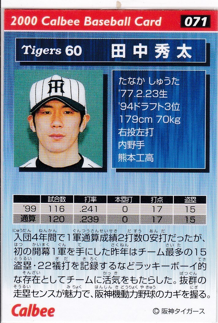 ★2000カルビー 【田中 秀太】BASEBALL CARD No.０７１：阪神_画像2