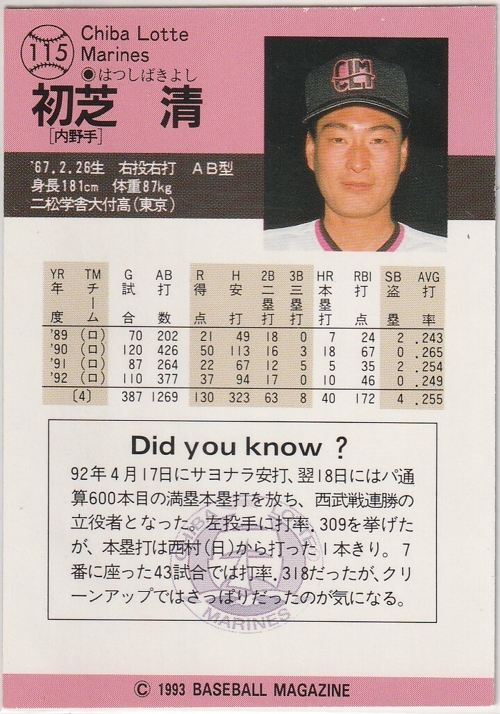 ●1993BBM【初芝 清】BASEBALL CARD No.１１５：ロッテ R_画像2