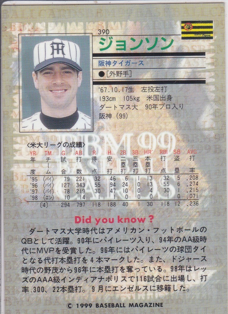 ●1999BBM 【ジョンソン】 移籍,ルーキー：BASEBALL CARD No.390:阪神_画像2