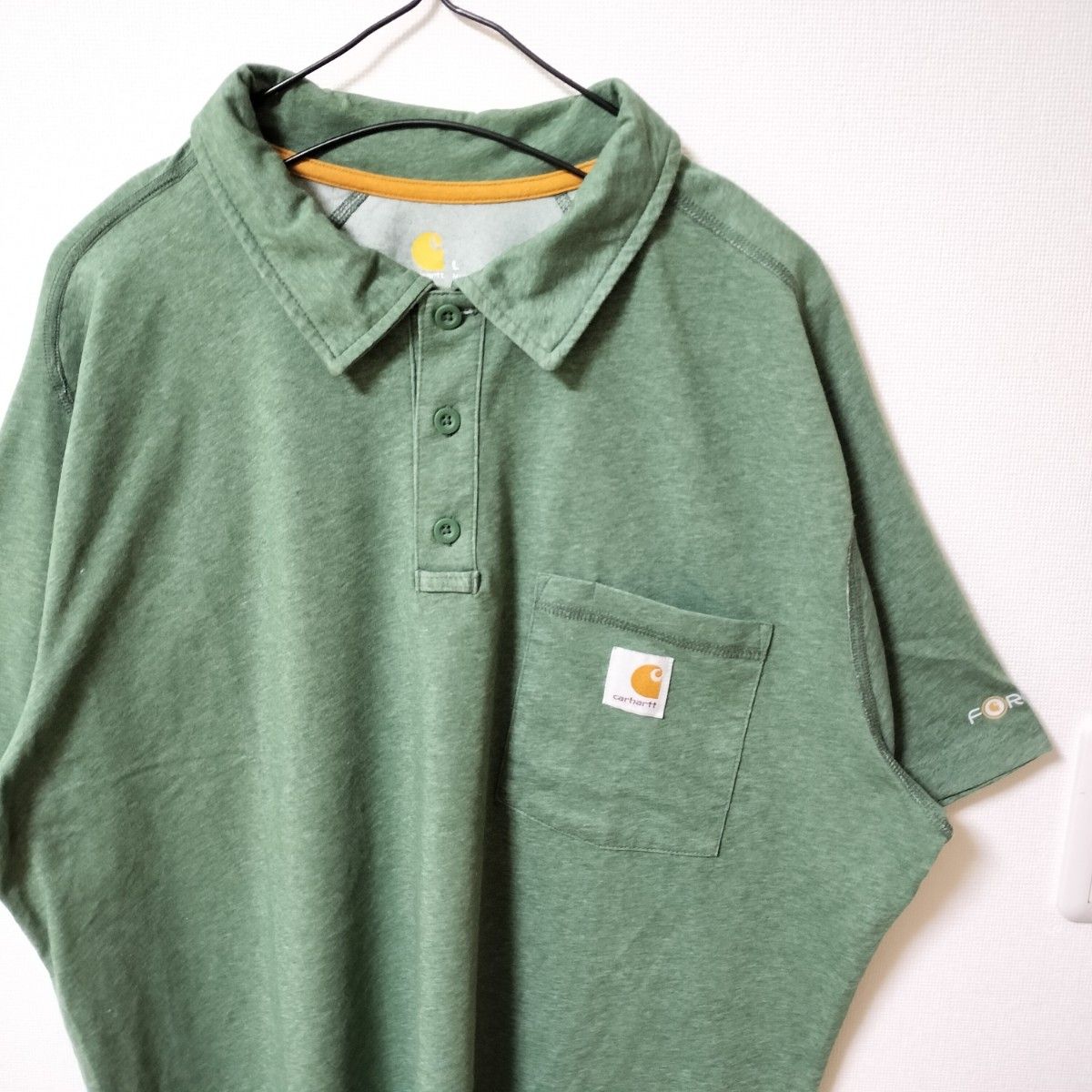 carhartt くすみ緑 ポロシャツ 半袖カットソー カーハート メンズL ワンポイント ポケット ゆるダボ ビッグシルエット