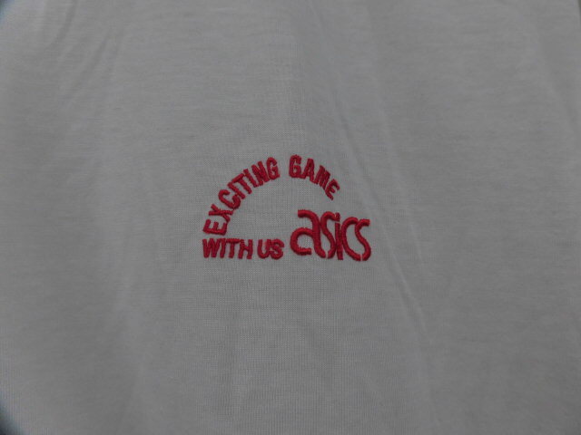 日本製 asics アシックス 旧タグ EXCITING GAME WITH US asics 半袖 Tシャツ ワンポイント ロゴ刺繍 丸首 トップス ホワイト 白 Lサイズ_画像3
