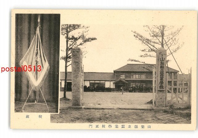 XyG4164●山梨 山梨県立蚕業学校正門 校旗 *傷み有り【絵葉書】_画像1