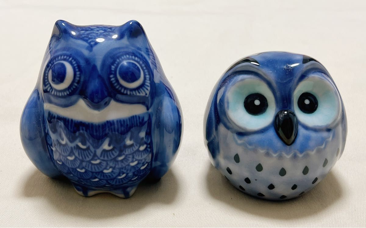 陶芸 フクロウ&九谷焼 八幡窯フクロウ 置物2点 不苦労 縁起物 陶芸 フクロウ&九谷焼 八幡窯フクロウ 置物2点 不苦労 縁起物