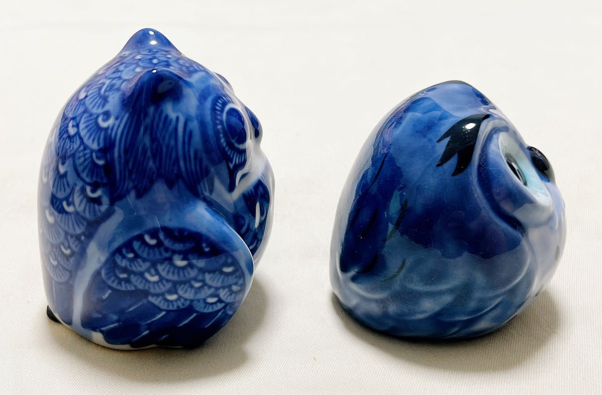 陶芸 フクロウ&九谷焼 八幡窯フクロウ 置物2点 不苦労 縁起物 陶芸 フクロウ&九谷焼 八幡窯フクロウ 置物2点 不苦労 縁起物