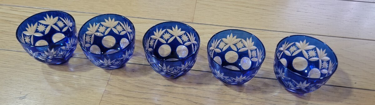 * Edo cut .* glass * new goods unused *5 piece set * blue * guinomi?*