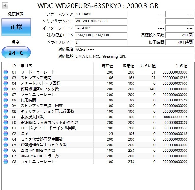 Western Digital　WD20EURS　WCC300698851　ハードディスク　２TB　中古品　フォーマット済_画像2