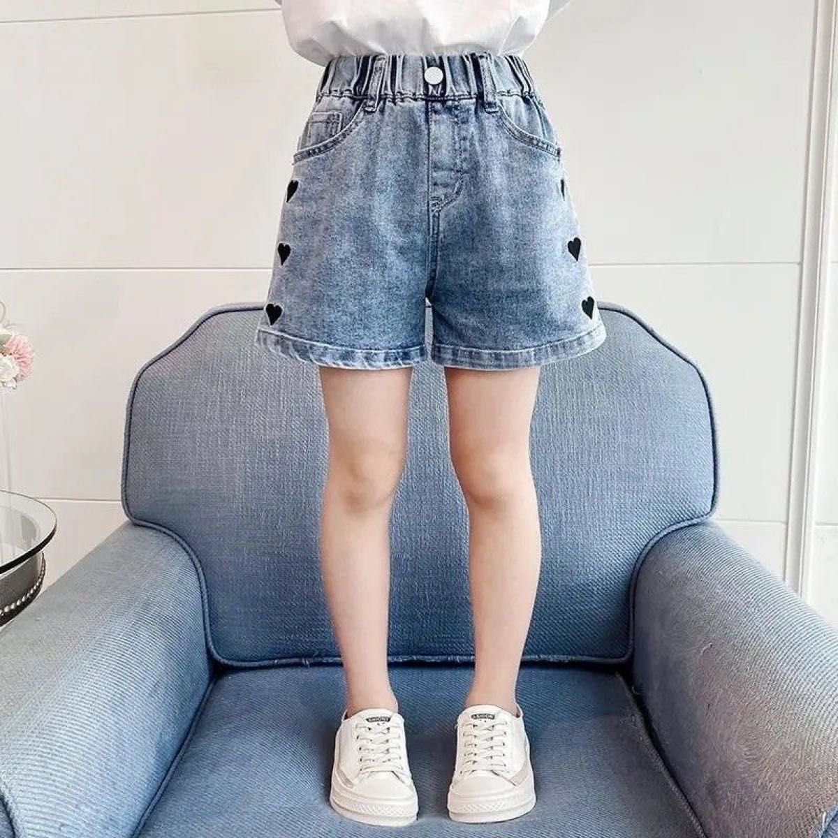 【150cm】キッズショートパンツ　ハート　デニム　女の子　夏　女の子　子供服　 ブルー　小学生　学校　韓国　ハーフパンツ
