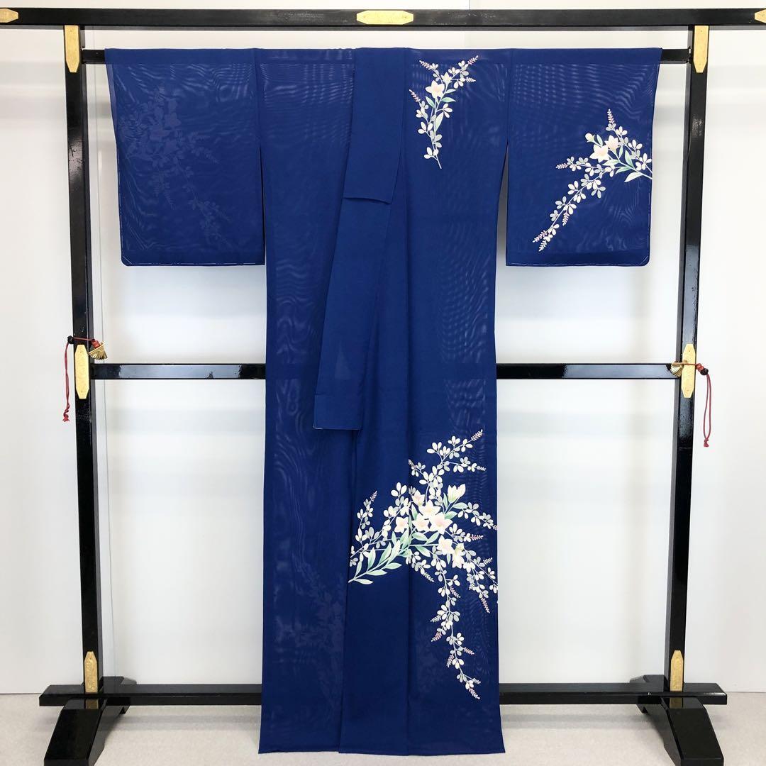 夏着物 付下げ 絽 桔梗と萩の花模様 紺桔梗色 トールサイズ K-3673_画像4