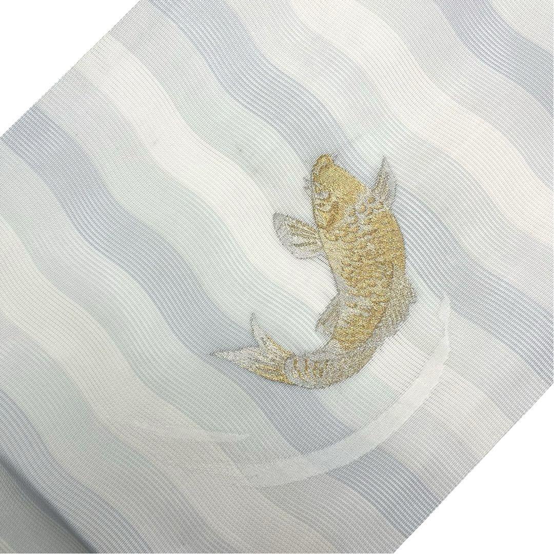 夏帯 名古屋帯 寄れ絽 金の鯉 楓 金銀糸 白百合色 O-3650_画像2