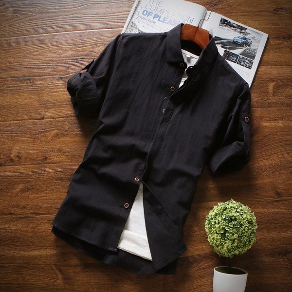 XL ブラック カジュアルシャツ メンズ 無地 七分袖 綿100％ 春夏 ロールアップ カジュアル レギュラー 新作_画像1