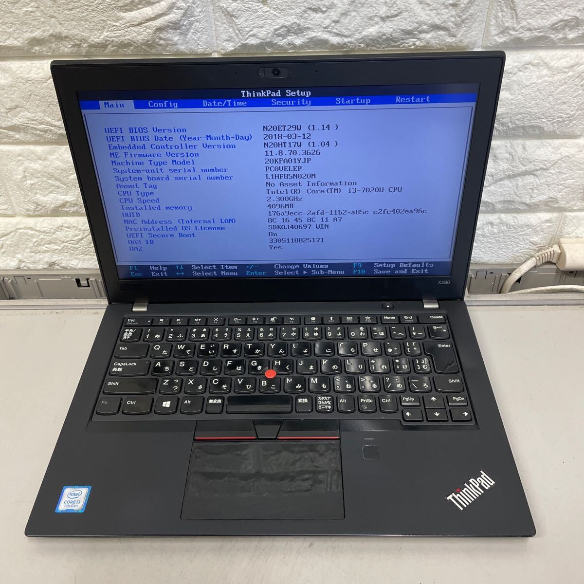 キ67 Lenovo ThinkPad X280 Core i3 7020U メモリ4GB _画像2