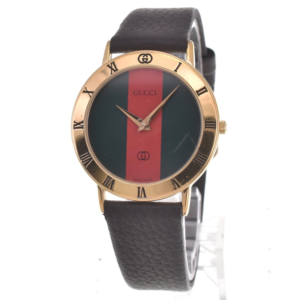 グッチ GUCCI 3000M ヴィンテージ GP/レザー シェリーライン クォーツ メンズ H#131164_画像2