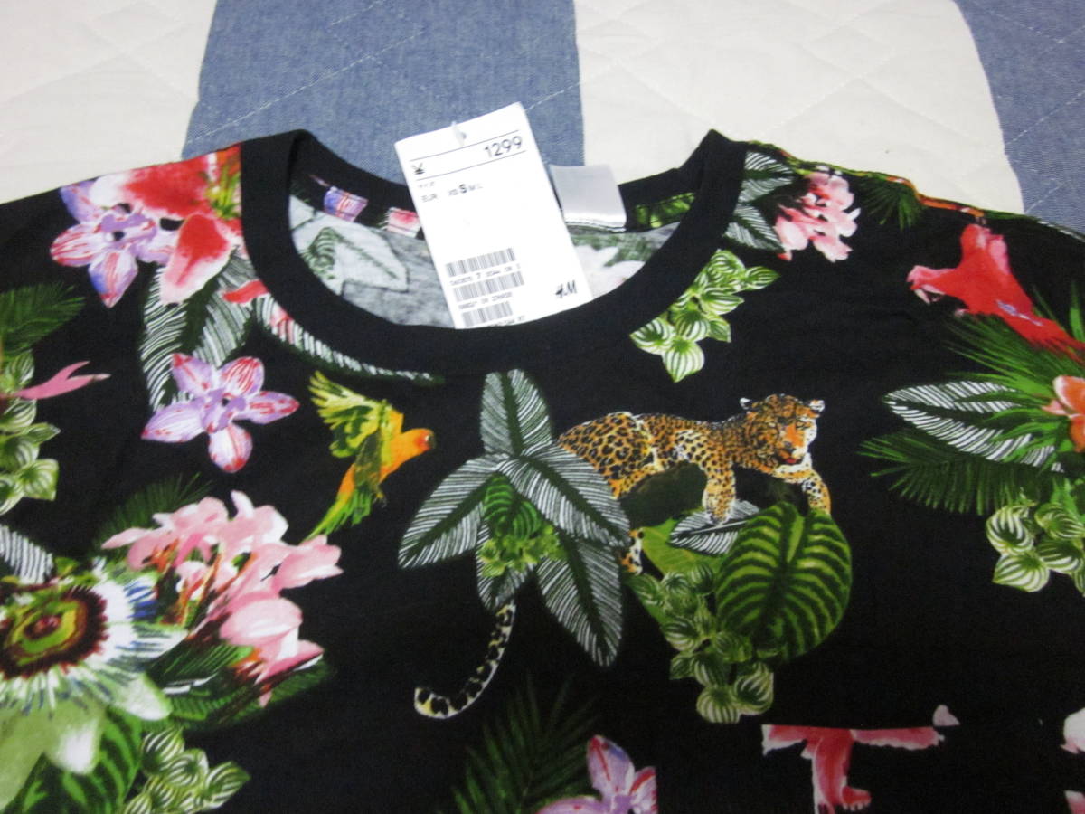 H&M レオパードと花柄模様のメンズ半袖Tシャツ Sサイズ