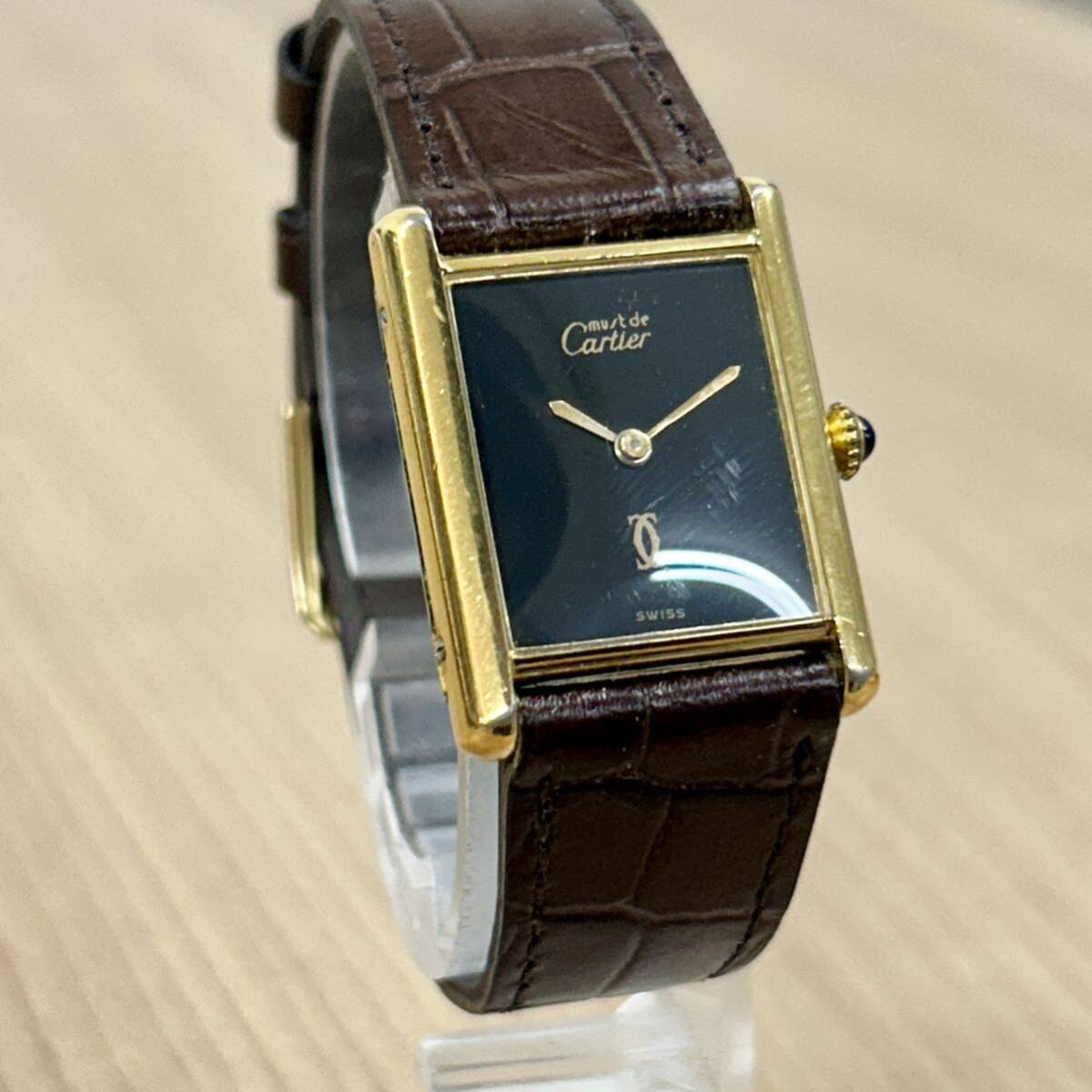Cartier マストタンク メンズ 腕時計 手巻き SV925 刻印 アナログ 2針 カルティエ ブラック文字盤 アンティーク 稼働品 管:0515_画像2