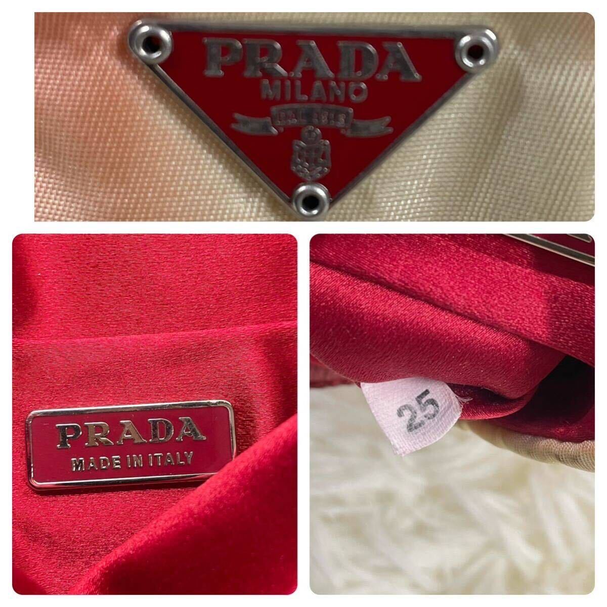 正規品 PRADA プラダ ハンドバッグ ミニバッグ ミニトートバッグ ナイロン レザー 三角ロゴ 三角プレート 白タグ 赤 クリーム色 の画像10