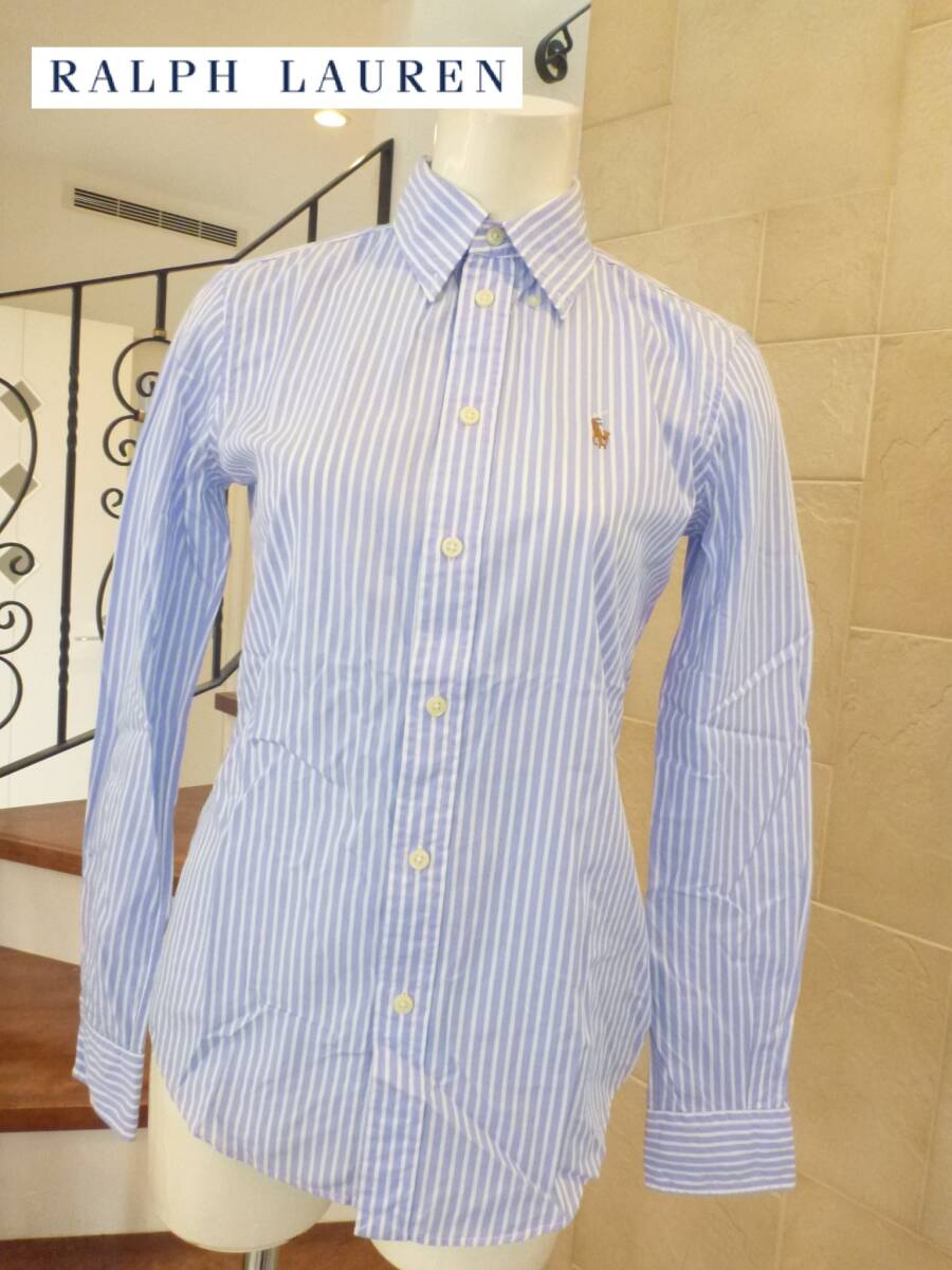  super-beauty goods Ralph Lauren( Ralph Lauren ) * light blue × white stripe pattern Logo embroidery long sleeve shirt S corresponding 