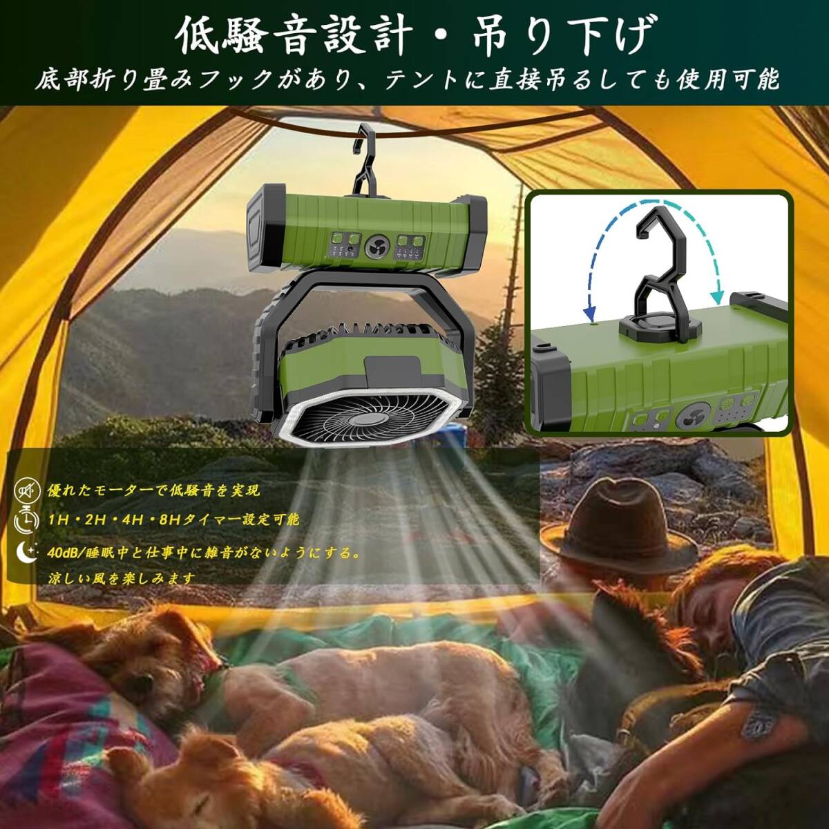 キャンプ扇風機【20000mAh大容量電池・自動首振り・タイマー機能】最長58時間連続使用 4段階風量調節 USB/Type-C充電式_画像4