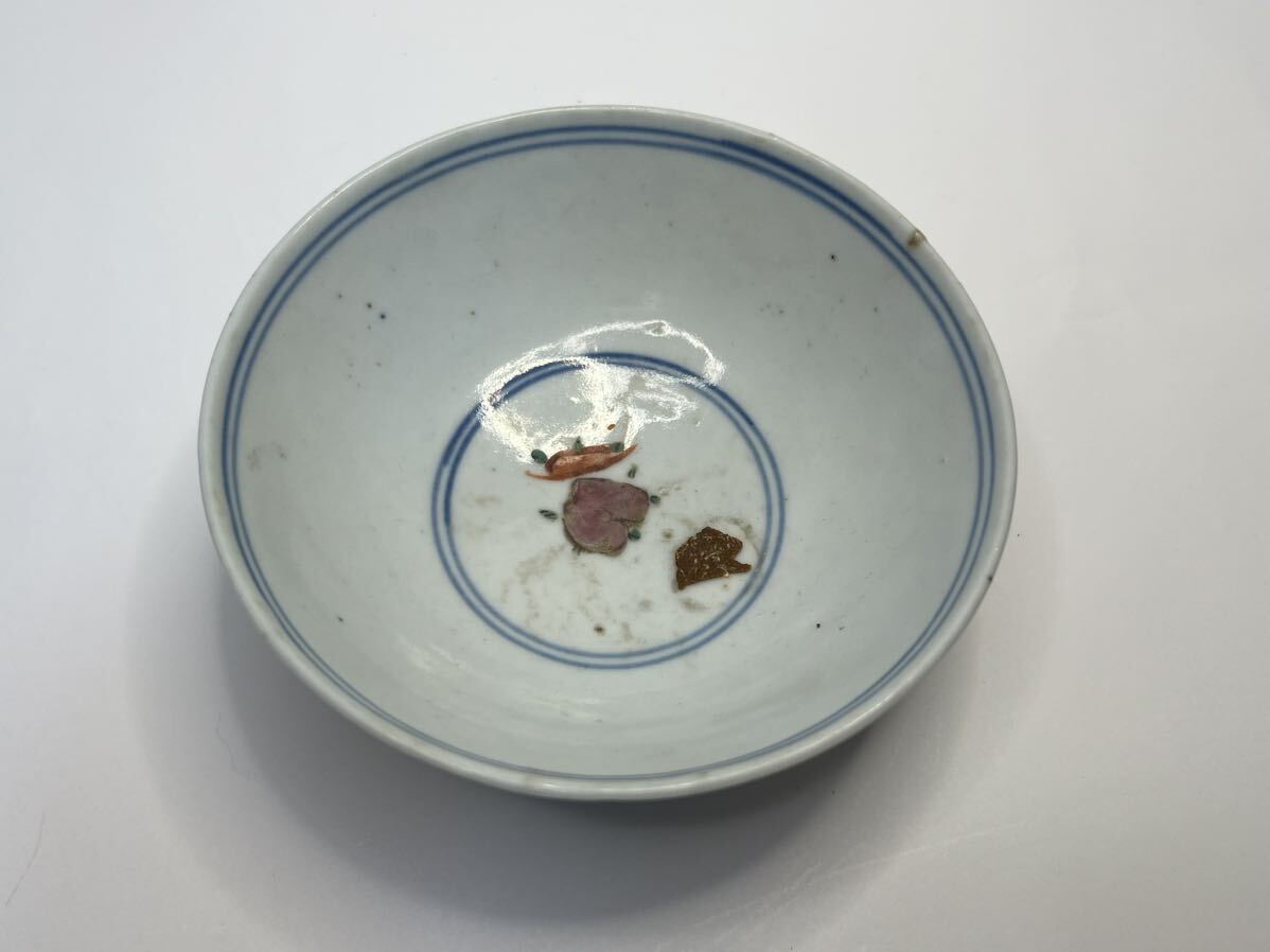 中国古美術 清朝期 粉彩 色絵 花草文 茶碗 3点セット 陶器 お茶碗 中国古玩 唐物 在銘 シール有り 古物保証 時代物 の画像8