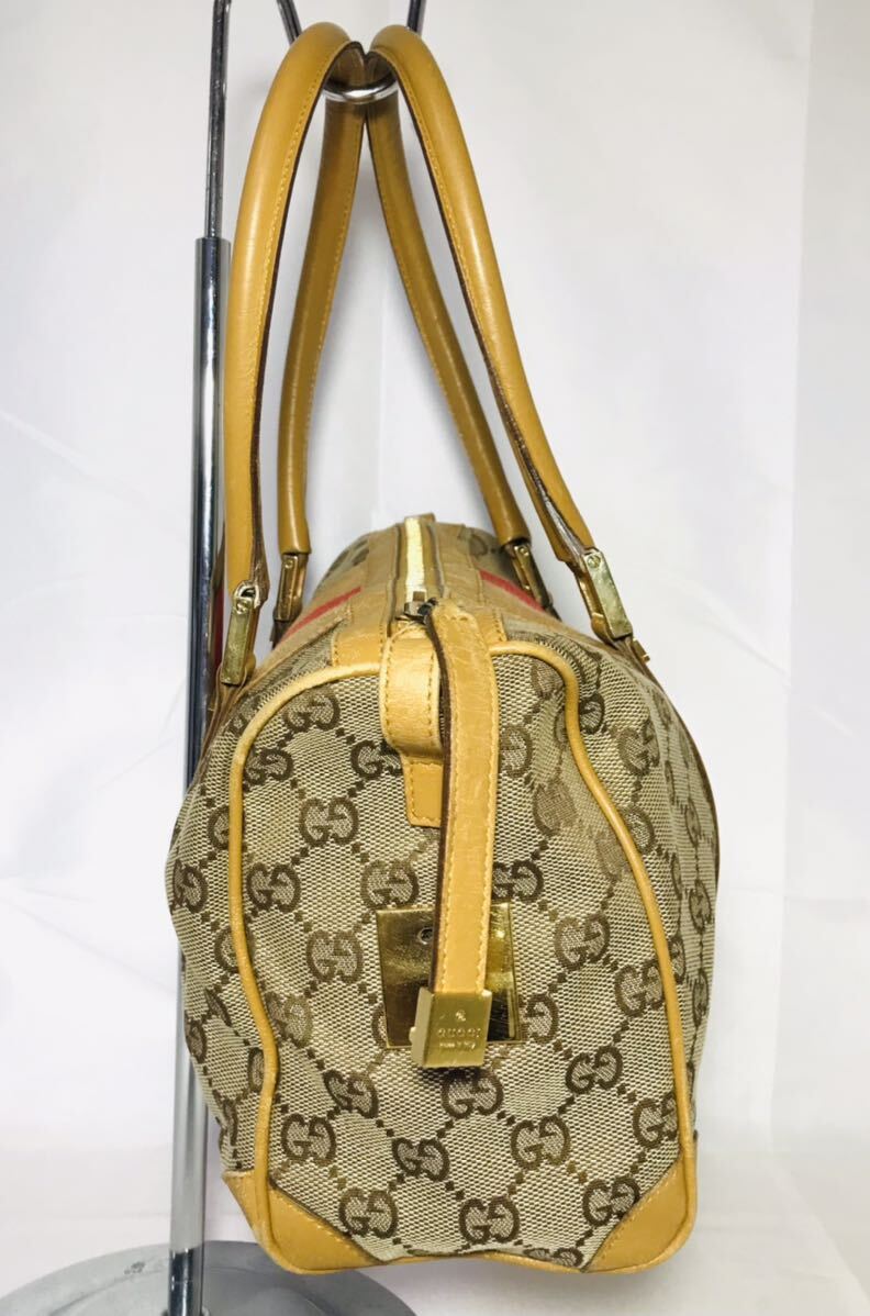 KGNY3988 GUCCI グッチ GG柄 ミニボストンバッグ ハンドバッグ シェリーライン レザー キャンバス レディース ベージュ ジャンク 現状品_画像3