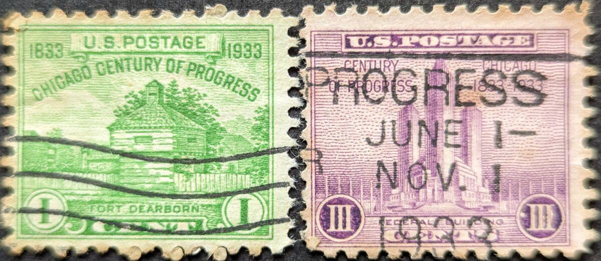【外国切手】 アメリカ合衆国 1933年05月25日 発行 シカゴの連邦政府の建物 ディアボーン砦の修復 消印付きの画像1